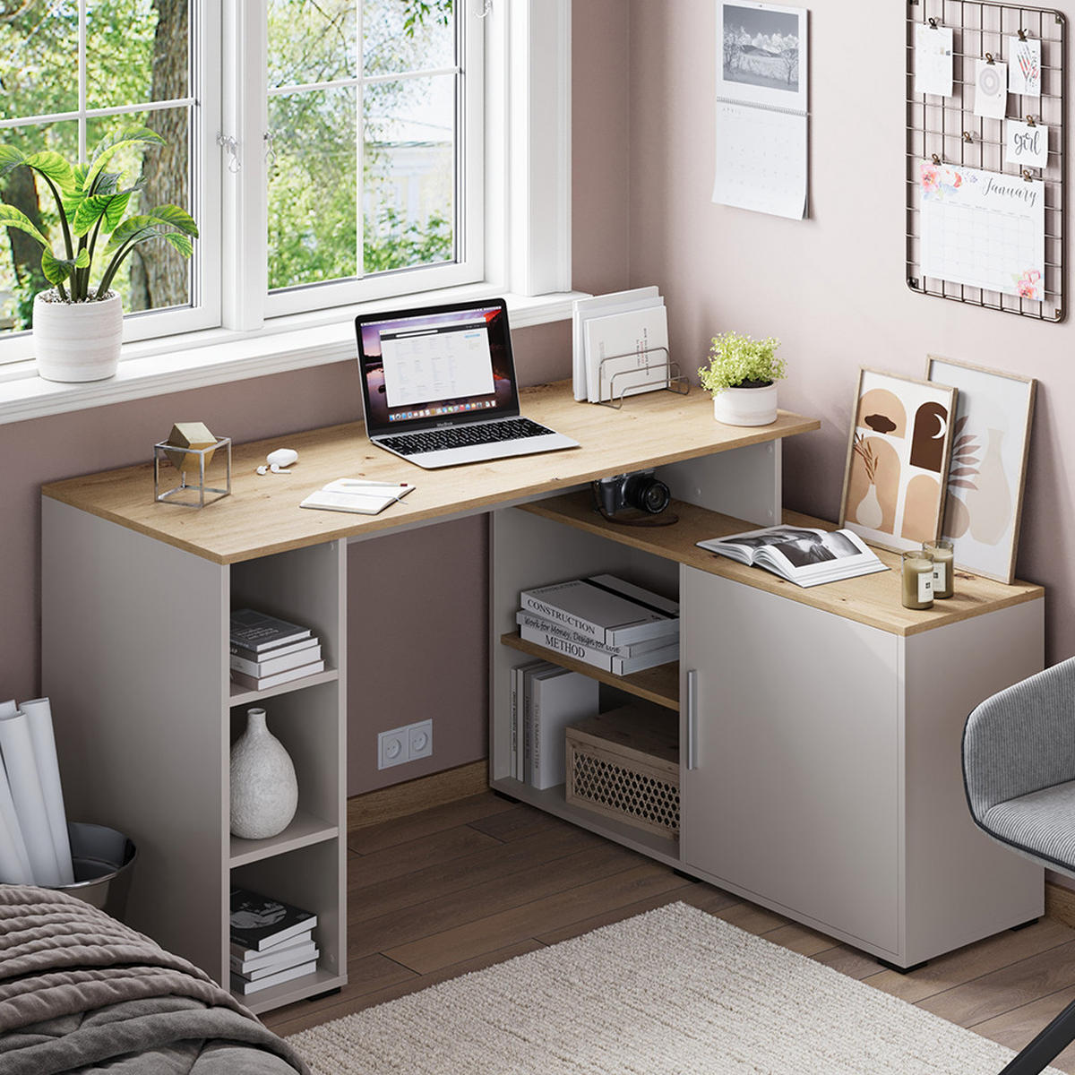 ROHOVÝ PSACÍ STŮL Rudy Kašmír - kašmírová/dub artisan, kompozitní dřevo (110/135/75.5cm) - Vicco