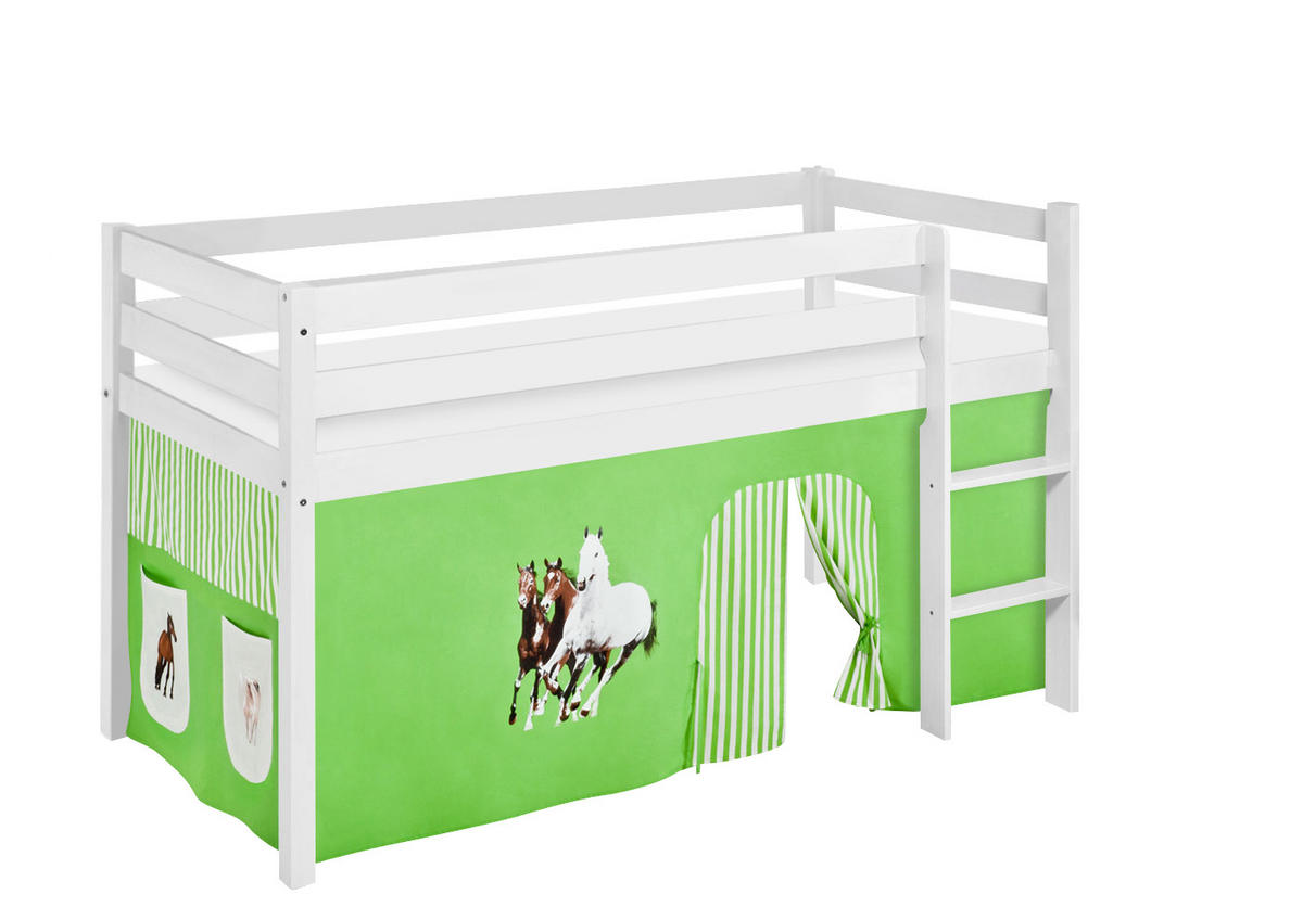 HOCHBETT JELLE mit PFERDE Vorhang - Kinderbett - Weiß, Holz - Lilokids