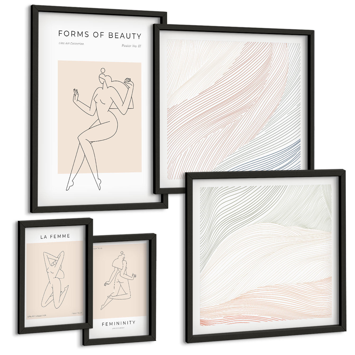 BILDER SET 5er Set - 50x50 cm & 20x30 cm & 40x60 cm Schwarzer Rahmen - Weibliche Silhouetten auf Plakaten - Schwarz, Kunststoff (40/60cm) - TULUP