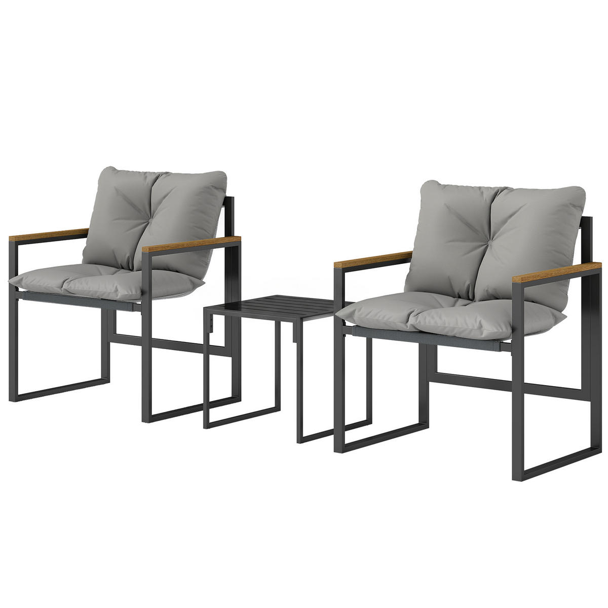 BISTRO-SET DE-07325 mit Polstern und Metallrahmen Schwarz/Holzoptik - Grau, Metall - ComfortXL