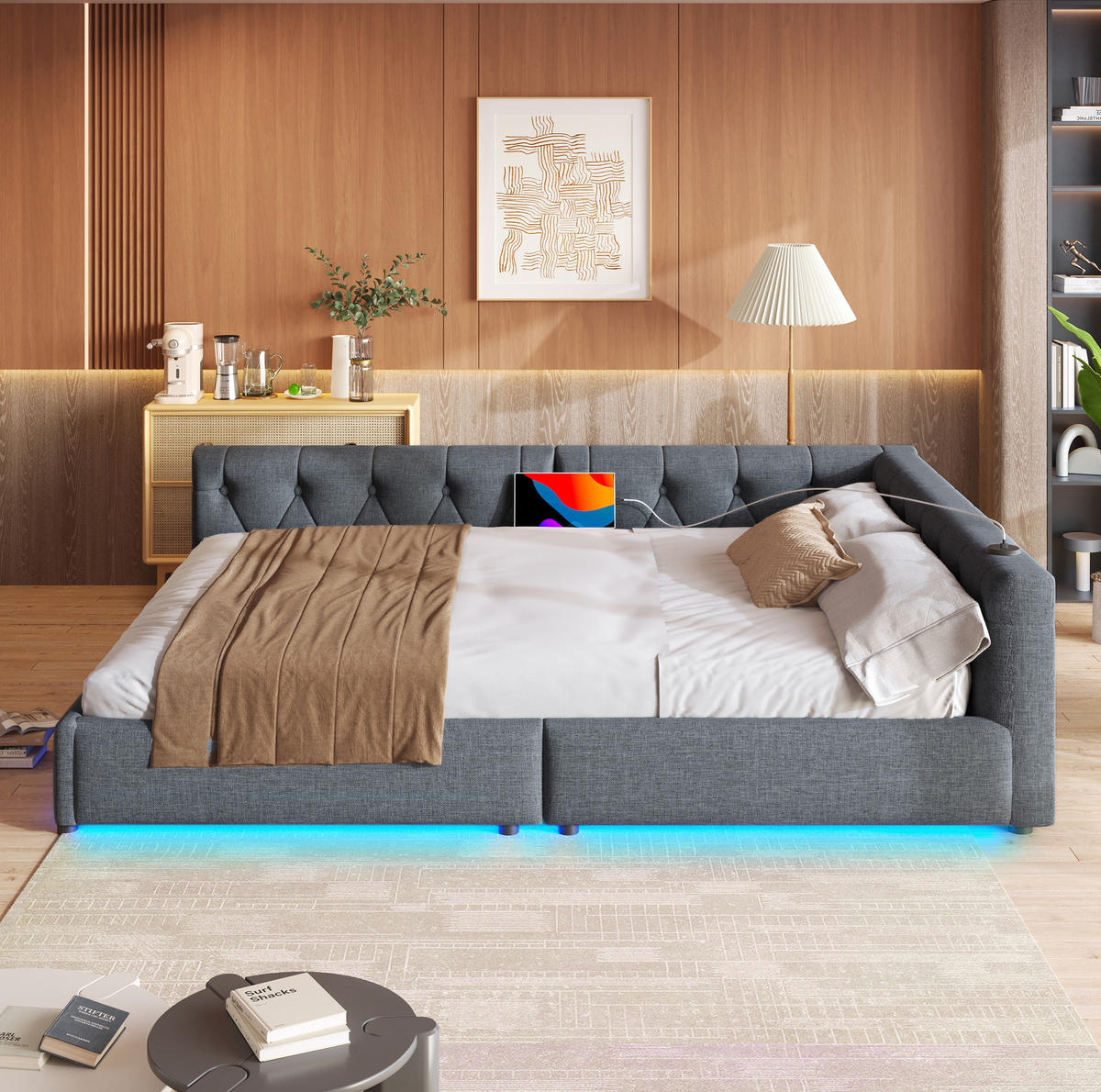 POLSTERBETT aus Leinen und MDF 140x200 cm Grau mit LED-Beleuchtung, USB- und Type-C-Anschluss, Knopfheftung - Grau, Textil (140/200cm) - Modfu