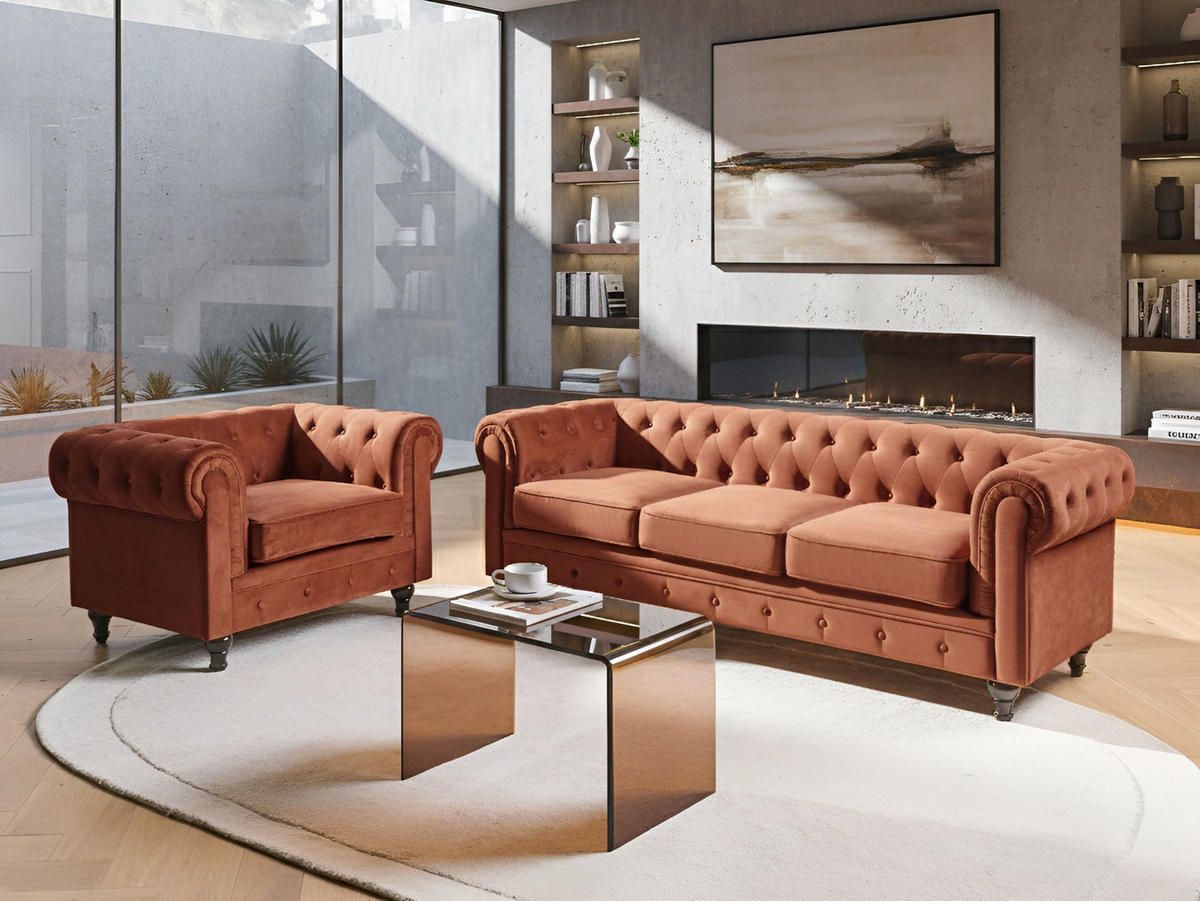 SOFA-SET 4-Sitzer Samtstoff Goldbraun Chesterfield - Goldfarben, Textil (201/70/75cm) - Beliani