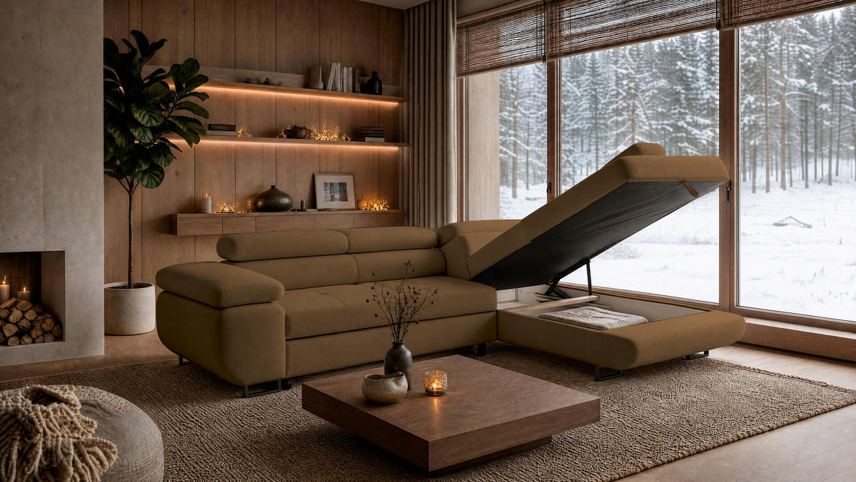ECKSOFA Velmo mit Bettkasten und Schlaffunktion, verstellbaren Kopfstützen, in L-Form - Braun, Textil (275/203cm)