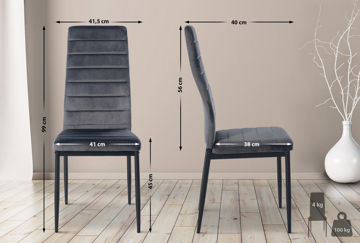STUHL 6er Set Samt grau - Grau, Textil/Metall (41.5/99/40cm) - CLP