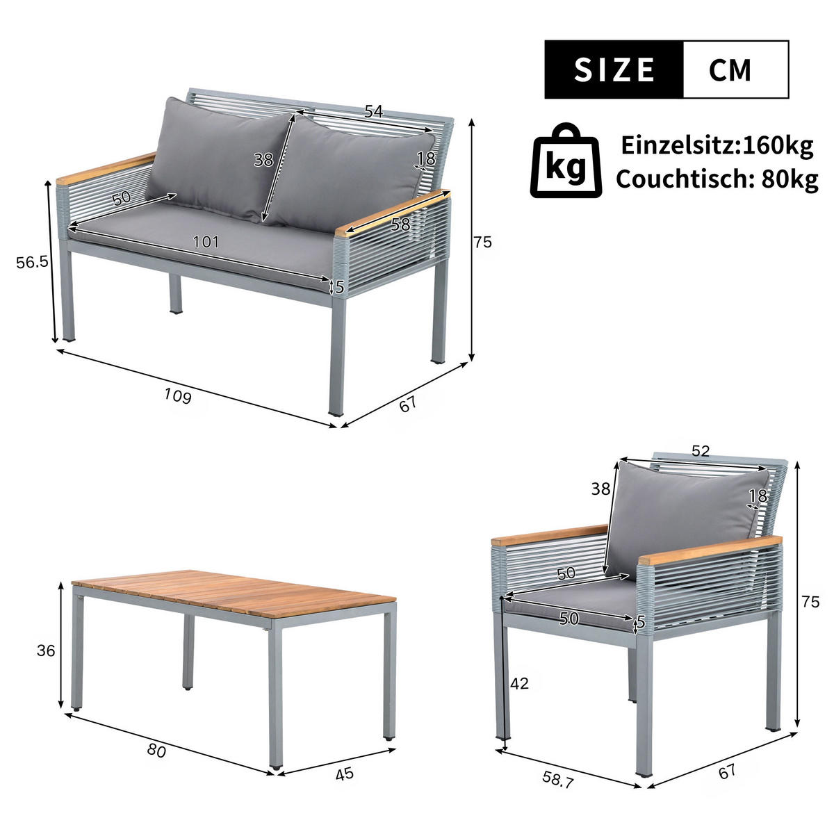 LOUNGESET Grau Rattan Doppelsofa 2 Sessel Tisch - Grau, Metall - FLIEKS