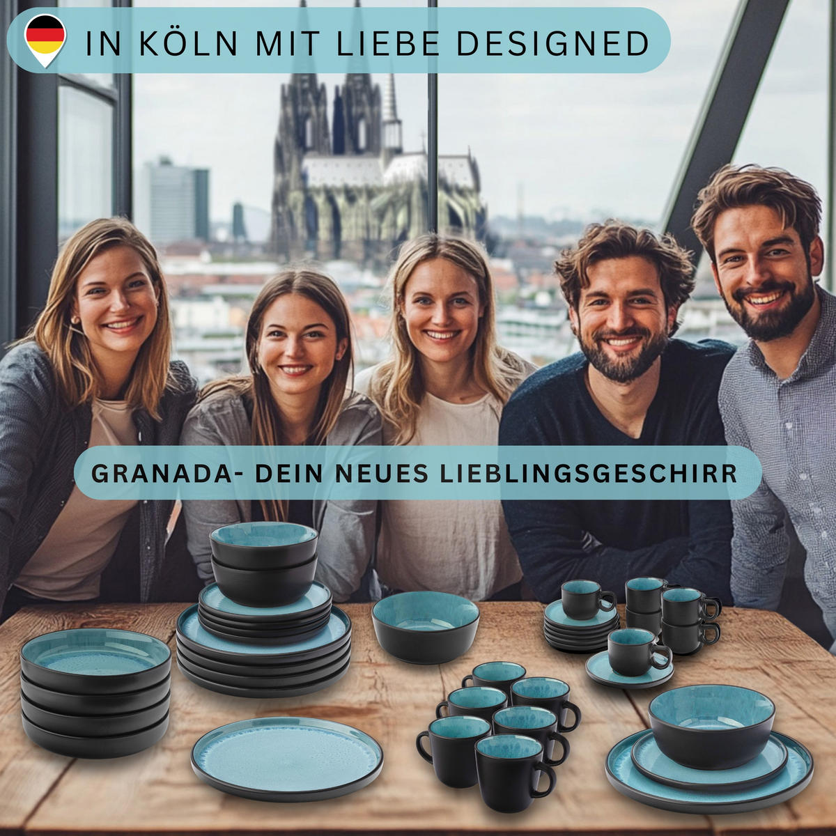 TAFELSERVICE GRANADA - 36 teilig aus Steingut 12 Personen - Blau, Stein (50/30/80cm) - Sänger