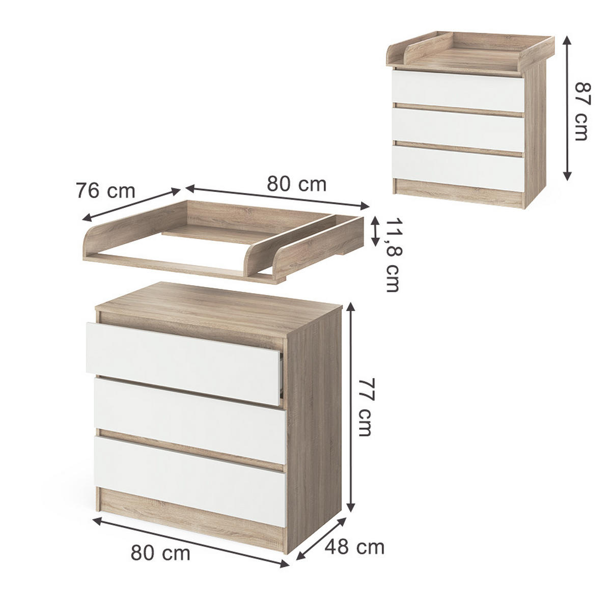 KOMODA ZA PRESVLAČENJE Emma Sonoma/Bijelo 80 x 87 cm - bijela/hrast Sonoma, drvni materijal (80/87/76cm) - Vicco