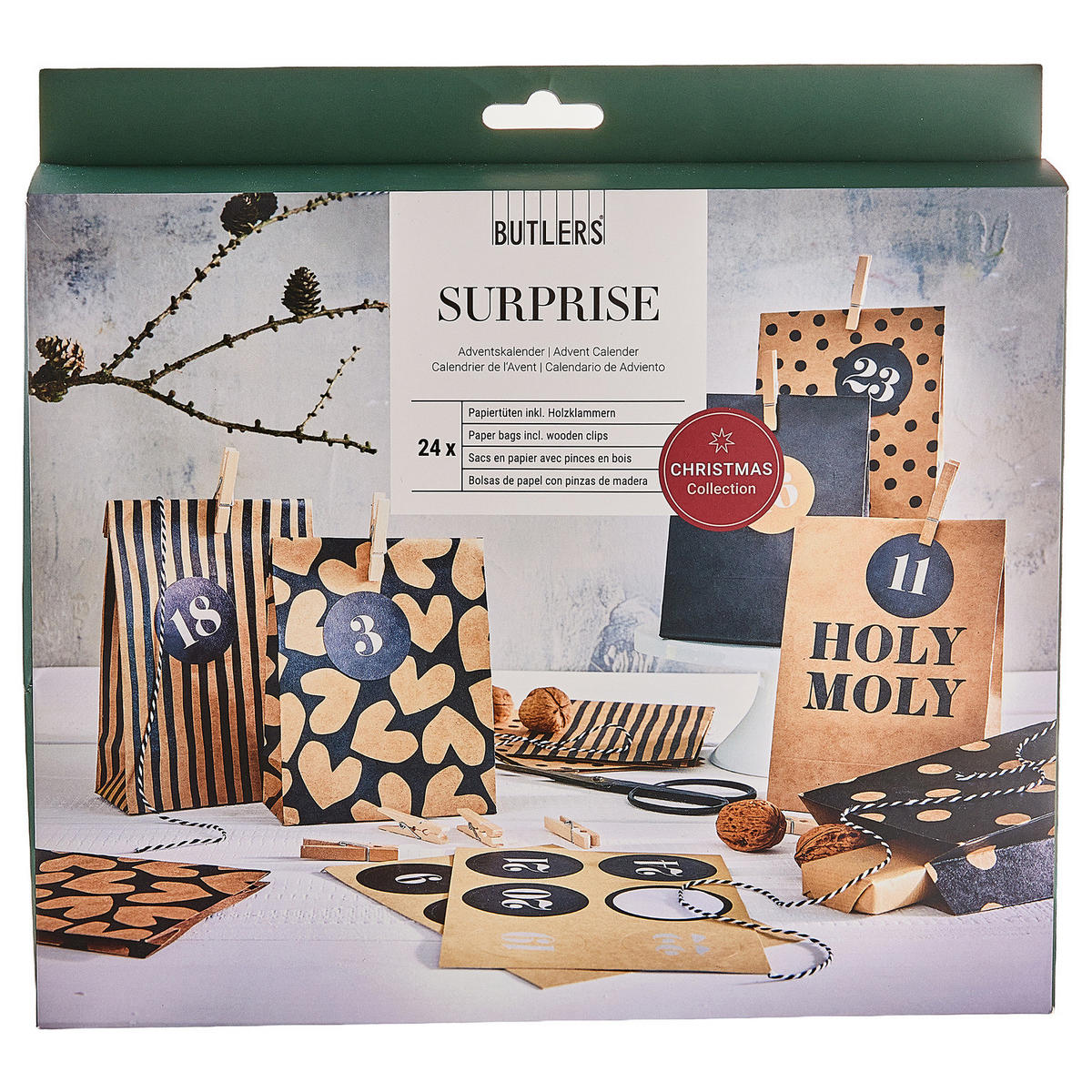 ADVENTSKALENDER-SET Surprise mit untersch. Mustern - Multicolor, Holz/Papier (24/3/22cm) - Butlers