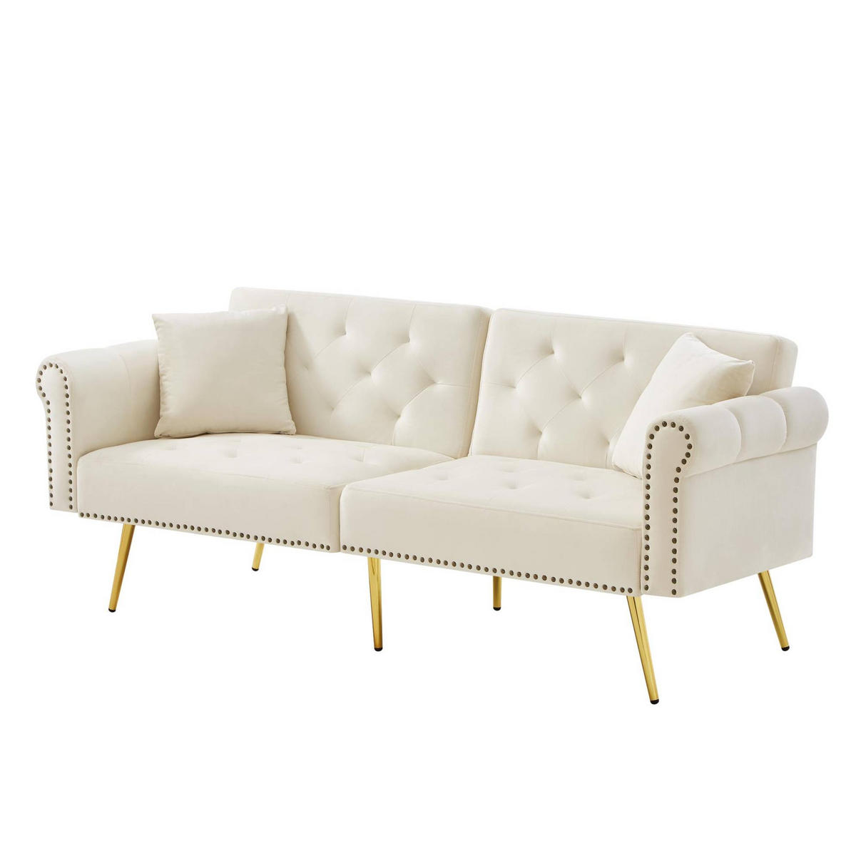 ROZKLÁDACÍ pohovka 147/85 cm béžová ze sametu s nastavitelnou opěrkou a zlatými nohami - béžová, plast (173/70/75cm) - OKWISH