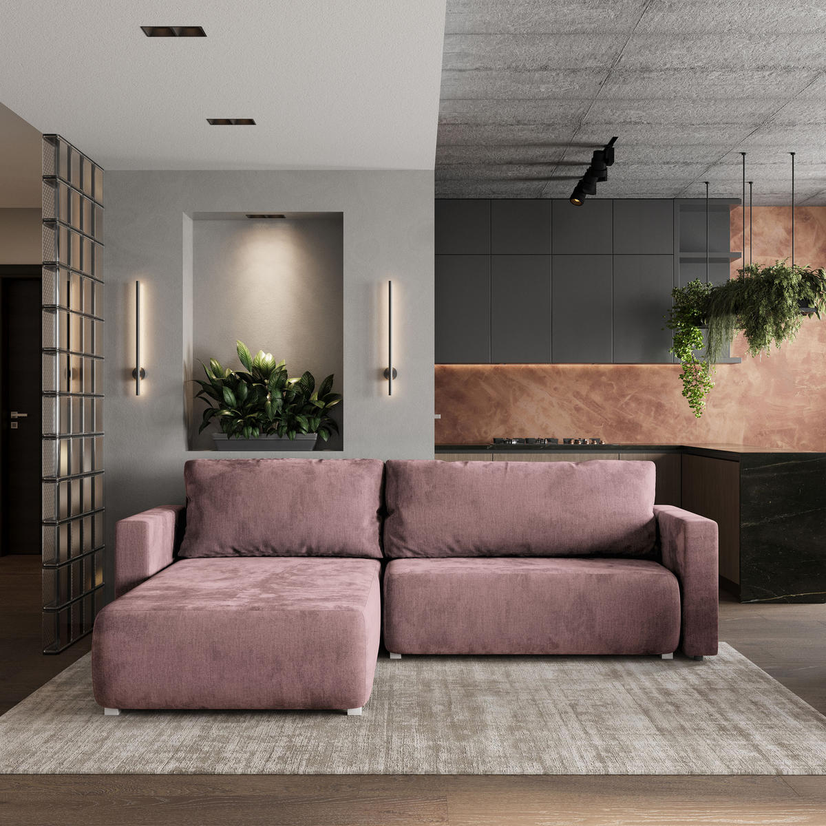 ROHOVÁ SEDAČKA TURIN šeříková - šedá/šeříková, dřevo/textil (265/183cm) - MASSENO