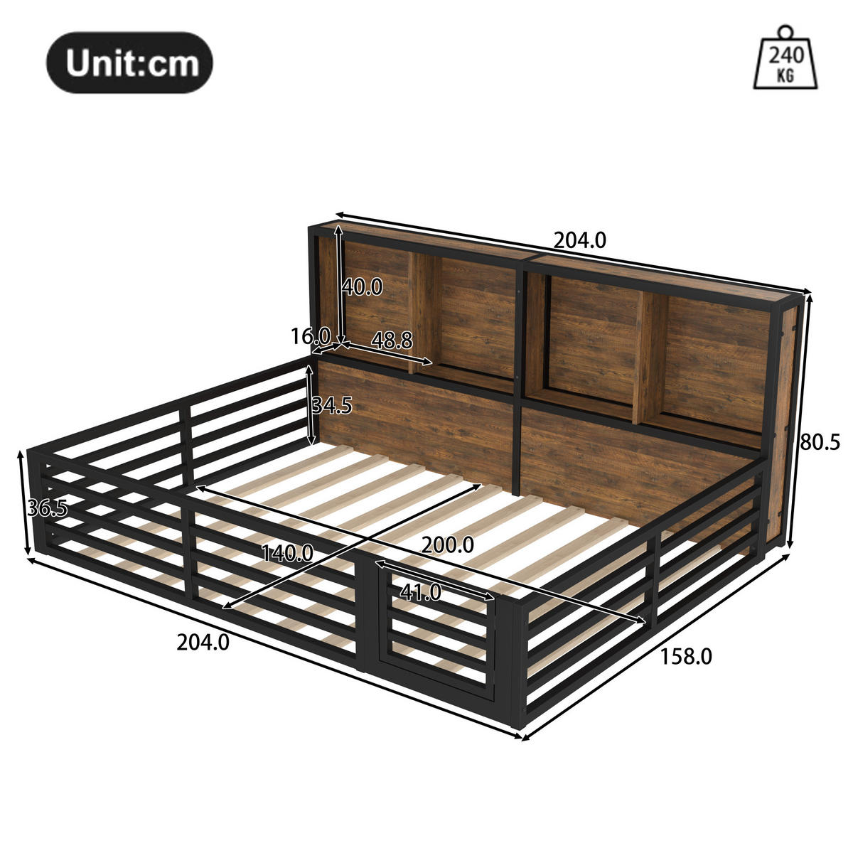 ZAUNBETT 140/200 cm Schwarz aus Metall und MDF mit Lattenrost und LED - Schwarz, Metall (140/200cm) - OKMYHOME