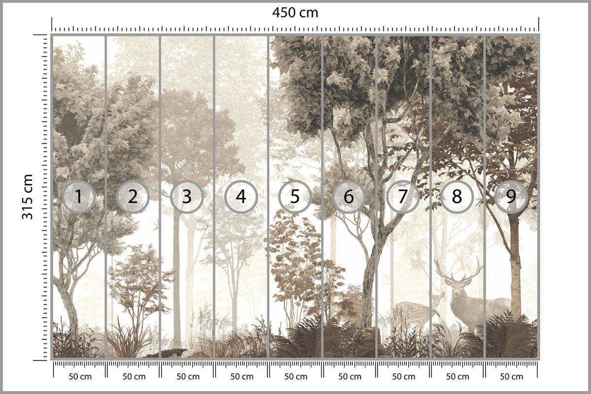 FOTOTAPETE für Esszimmer Vintage Wald Bäume Hirsche 450x315 - Gelb/Beige, Papier (450/315cm) - Muralo