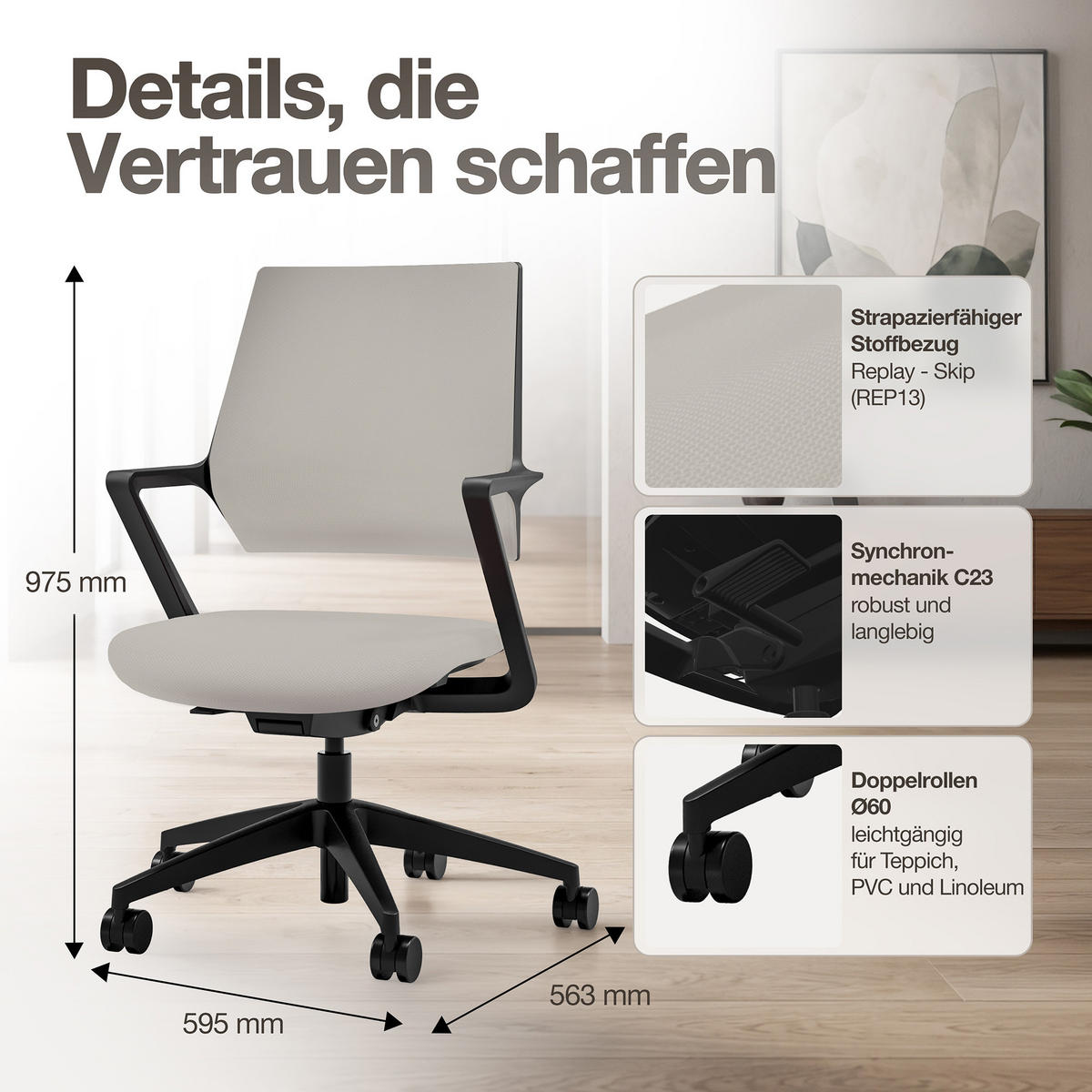 DREHSTUHL Ergonomischer Bürostuhl Asolo mit Polsterrücken / Weiß Ergonomischer Polsterrücken - Weiß, Textil (59.5/97.5/45cm) - ASSMANN