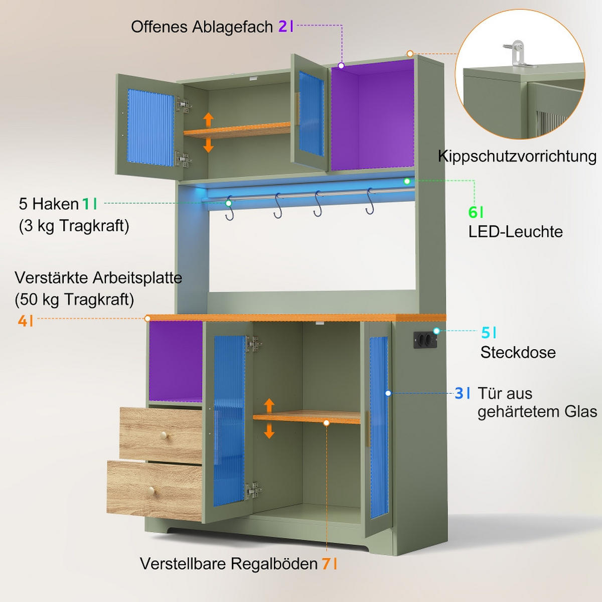 KÜCHENSCHRANK mit LED, Hochschrank, Vitrine mit Glastüren, Weinregal, Grün-Holzoptik, 110/40/178 cm - Grün, Kunststoff (40/178/110cm) - Rolipo