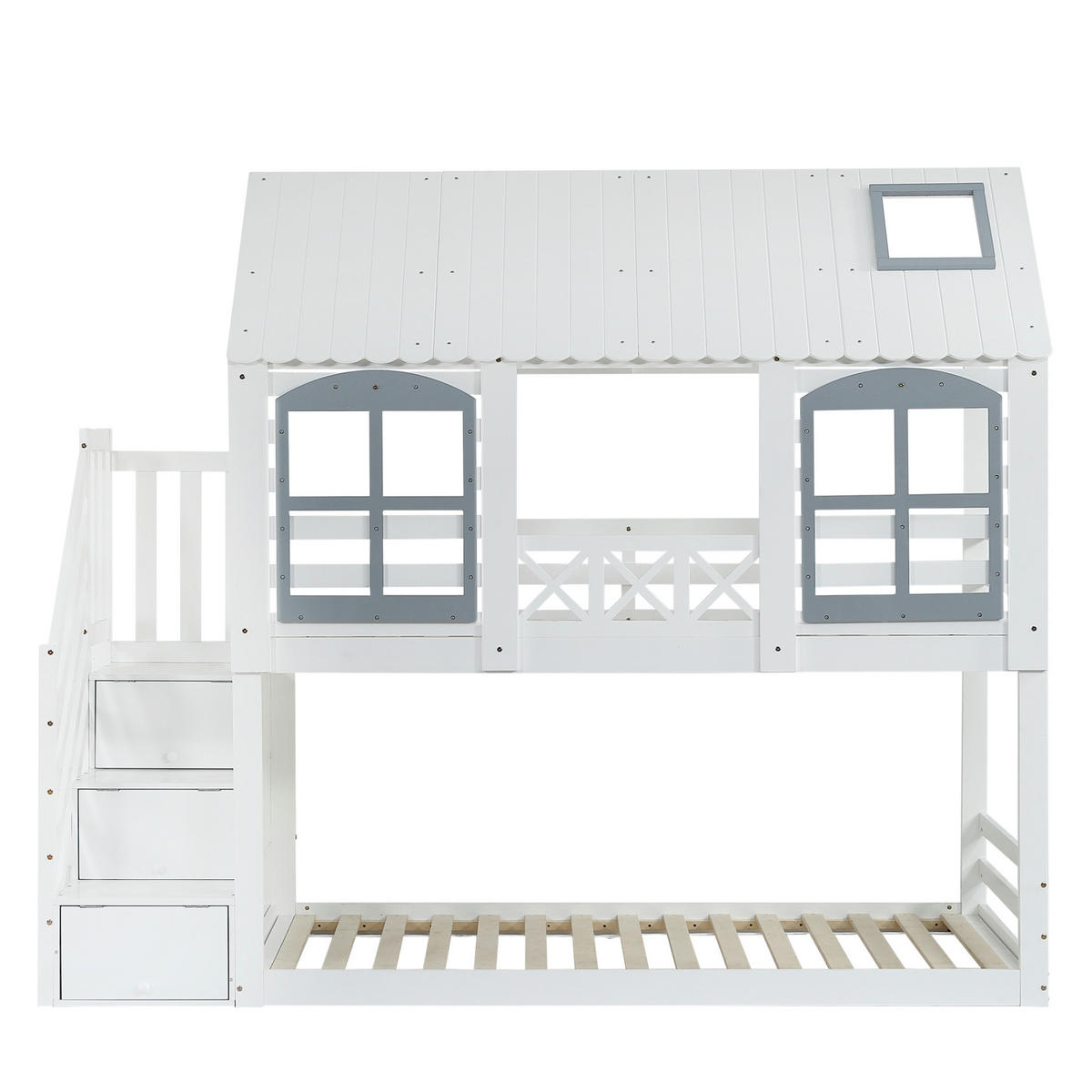 HAUSBETT 90/200 cm Weiß/Grau mit Stauraumtreppe, Dach und Fenstern - Weiß, Holzwerkstoff (90/200cm) - Flora Grace