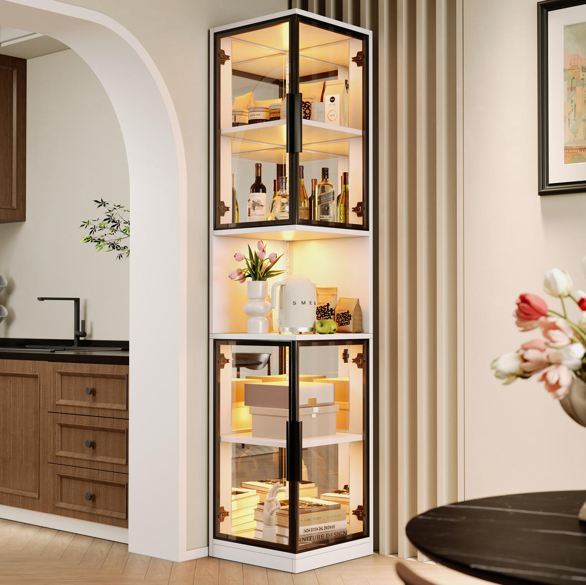 HIGHBOARD 42/44/205 cm in Weiß mit LED-Beleuchtung und Glastüren - Weiß, Holzwerkstoff (42/205/44cm) - Flora Grace