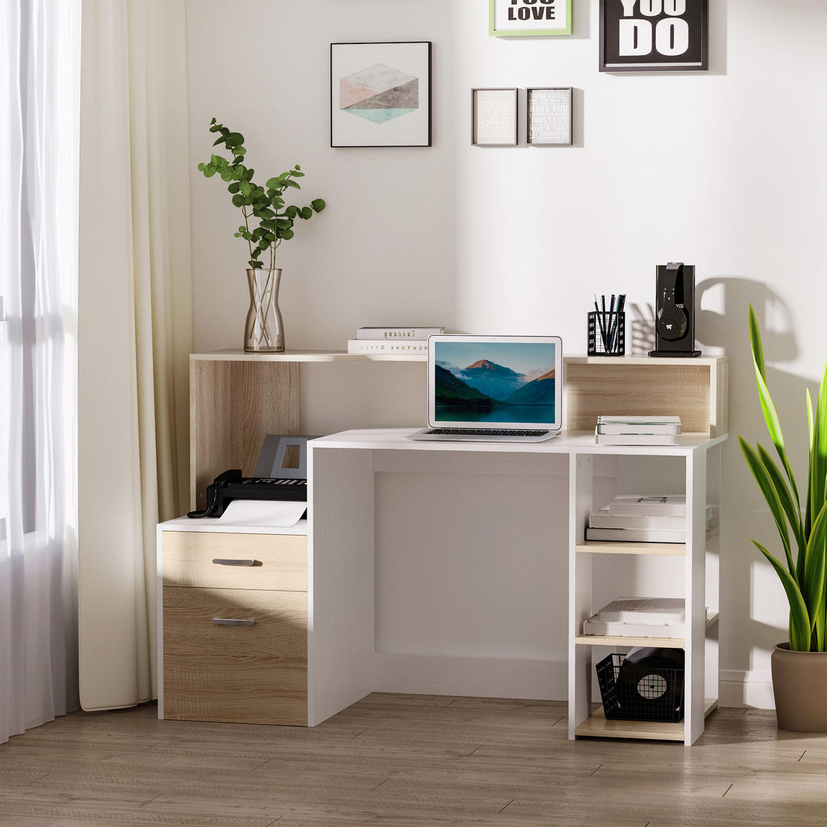 SCHREIBTISCH Eiche mit 2 Schubladen und Regalfächern 137/55/92 cm - Beige, Holzwerkstoff (55/137/92cm) - PANGIVO
