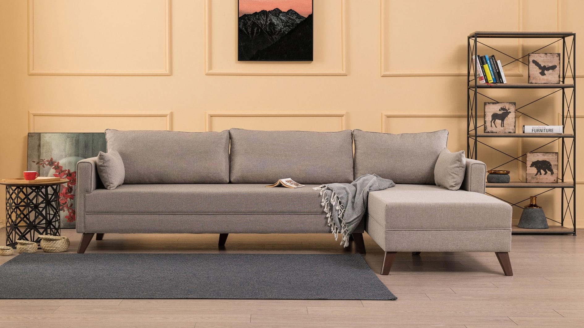 ECKSOFA mit losen Rückenkissen und Schlaffläche - Beige/Walnussfarben, Holz/Kunststoff (165/275cm) - myHomelando