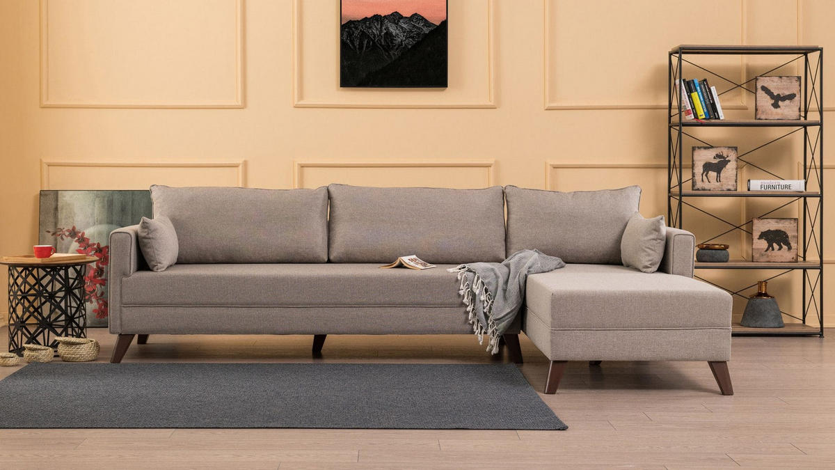 ECKSOFA mit losen Rückenkissen und Schlaffläche - Beige/Walnussfarben, Holz/Kunststoff (165/275cm) - myHomelando
