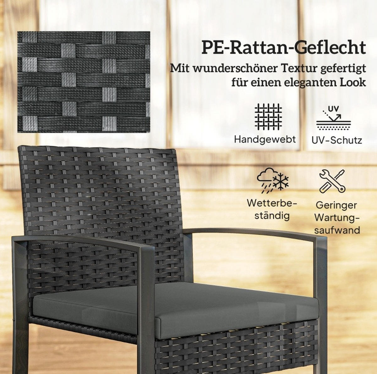 BALKONOVÝ set 55/58/76 cm tmavě šedý z oceli a umělého ratanu se stolkem - tmavě šedá, kov - OKWISH