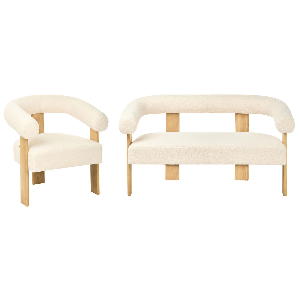 SOFA-SET Bouclé Cremeweiß/Hellbraun Ilbro - Creme/Weiß, Textil (138/76/68cm) - Beliani
