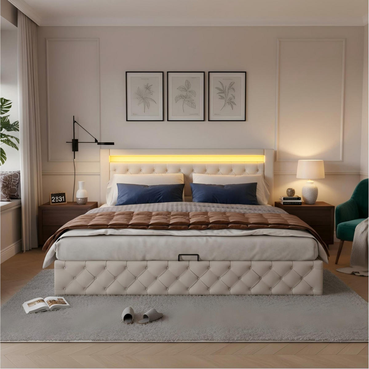 POLSTERBETT 140x190cm Weiß Mit Hydraulik & LED - Weiß, Leder - FLIEKS