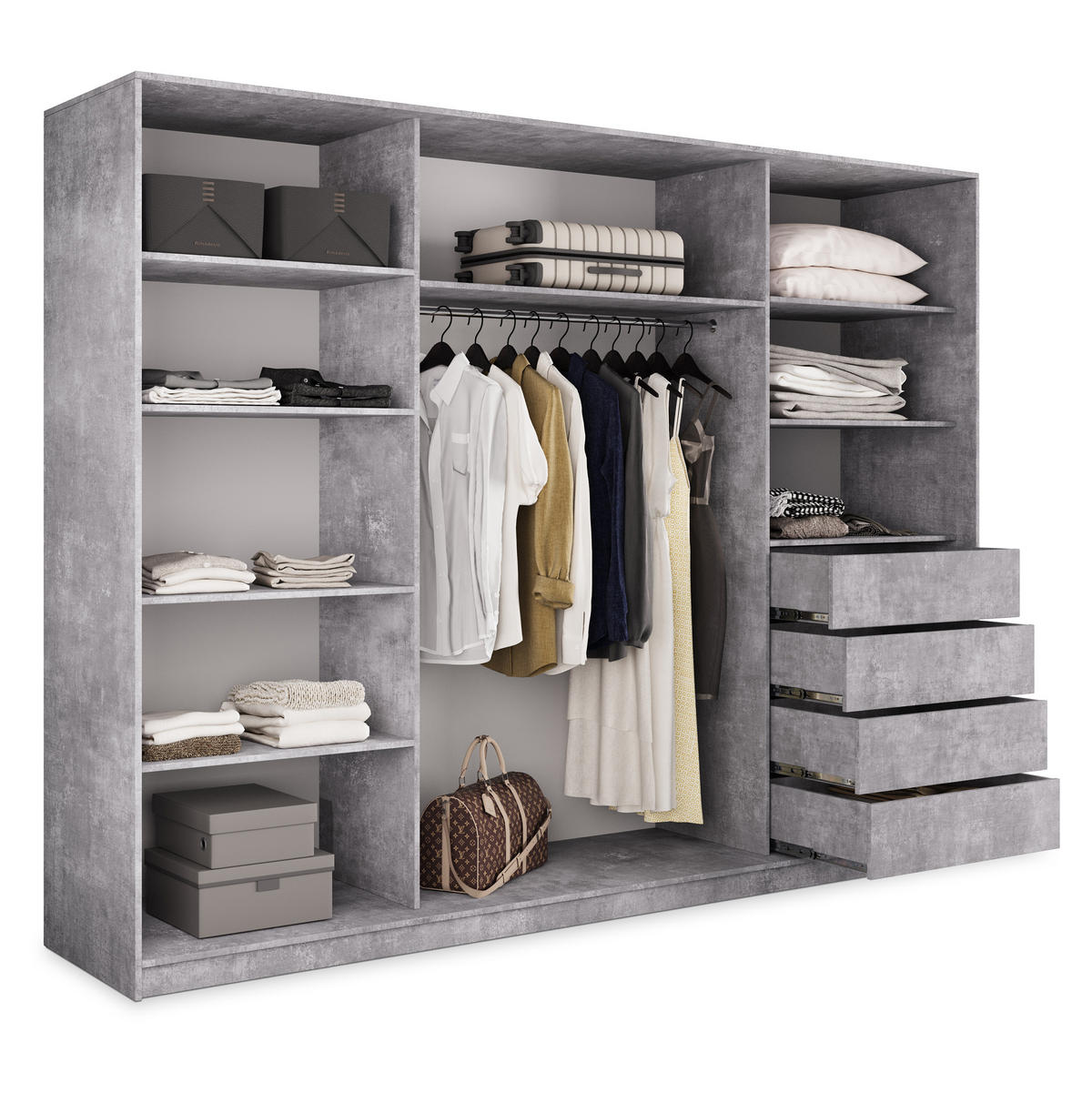 SCHWEBETÜRENSCHRANK TARI 270/205/58 cm 3-türig mit Spiegel und 4 Schubladen Titanfarben - Titanfarben, Holzwerkstoff (270/205/58cm) - MASSENO