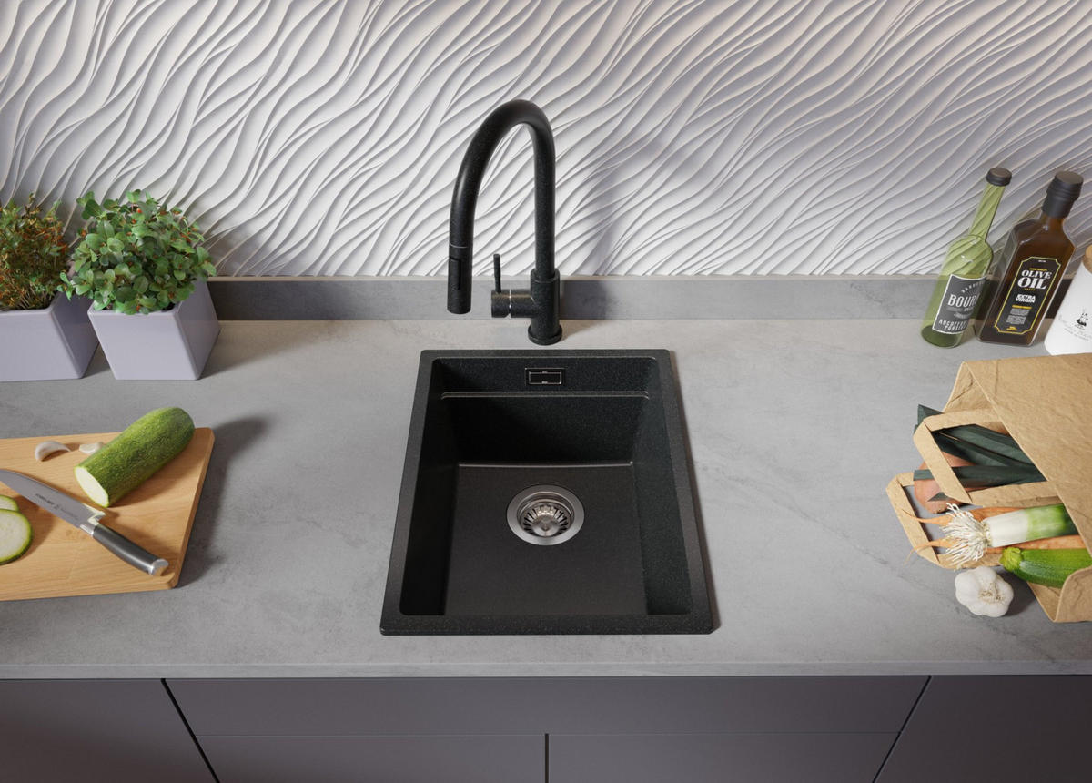 SPÜLBECKEN Praga Slim, 2-er set Anthrazit 36/47 cm 1 Becken + Ablauf-Set + Aufrollbare Abtropffläche ab 40er Unterschrank - Chromfarben/Anthrazit, Kunststoff (36/20/47cm) - Primagran