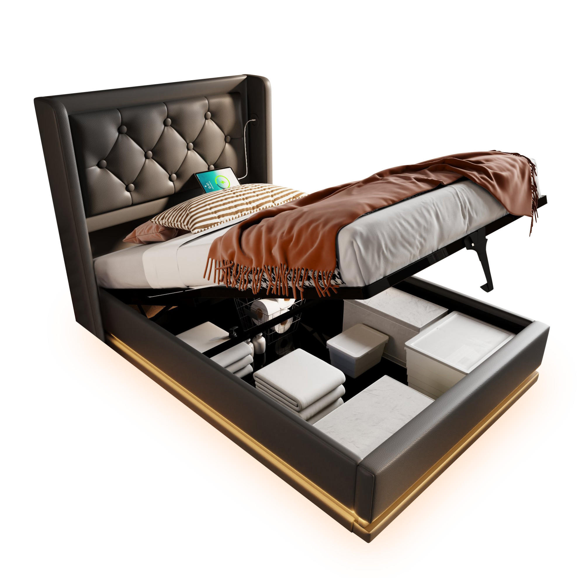 POLSTERBETT 90/200 cm Schwarz aus PU mit Stauraum, LED und Matratze - Schwarz, Kunststoff (90/200cm) - OKMYHOME