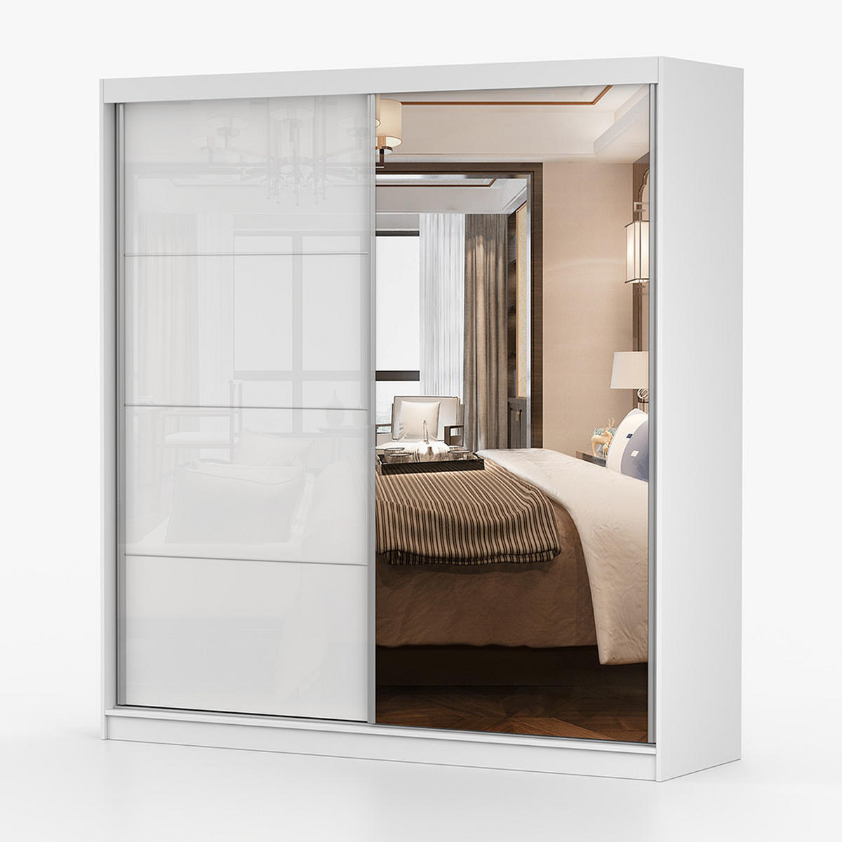 SCHWEBETÜRENSCHRANK 203/218/61cm 2-türig Pola 35 Weiß,Weiß Semigloss - Alufarben/Weiß, Glas/Holzwerkstoff (203/218/61cm) - imoebel24