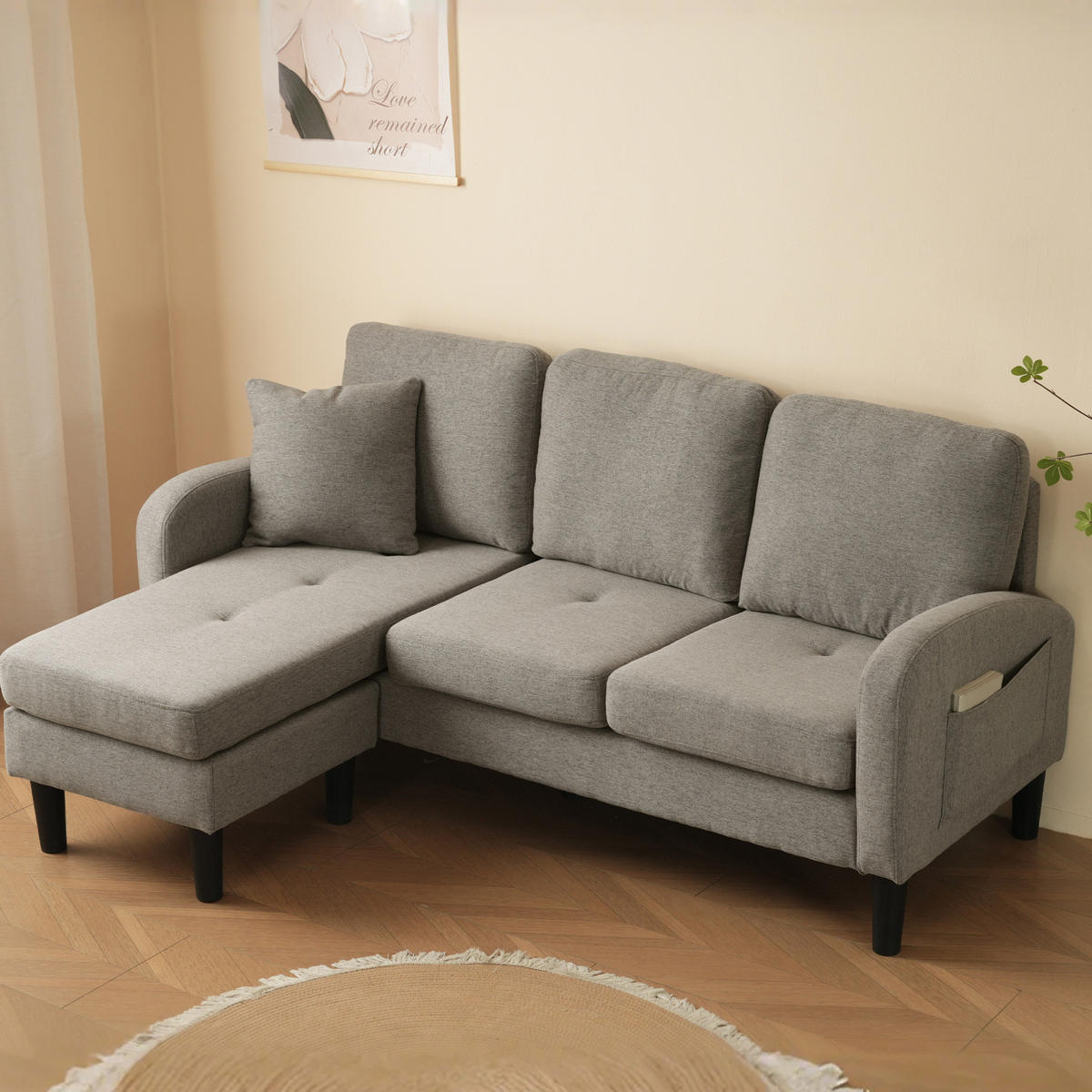 SOFA mit Chaiselongue 166x118 cm Baumwoll-Leinen Antique Dark Grey - Dunkelgrau, Holz (118/166cm) - Meubliv