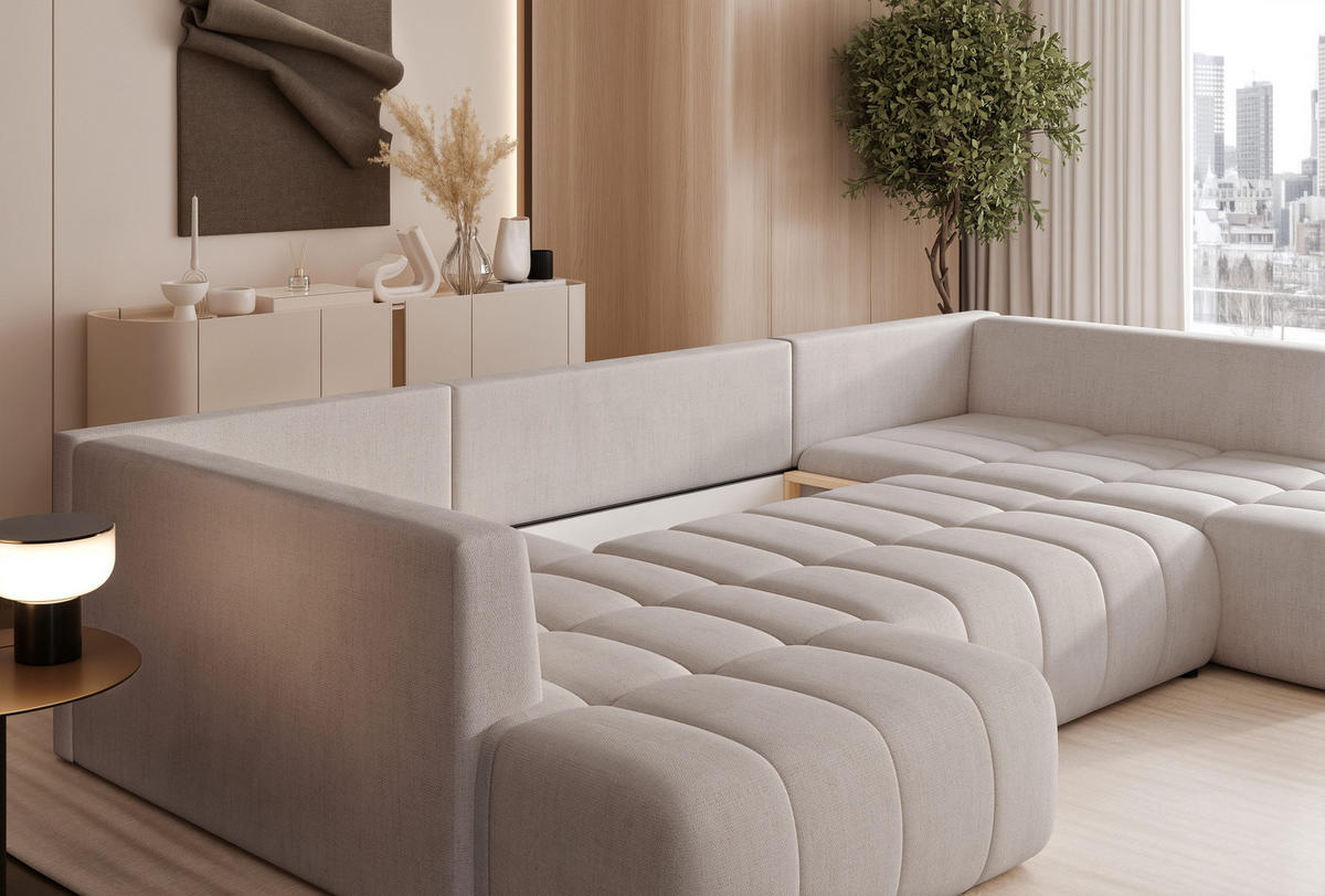 WOHNLANDSCHAFT STONE mit Schlaffunktion und Bettkasten, Stoff Hellgrau - Hellgrau, Kunststoff/Textil (350/91/190cm) - Idohome