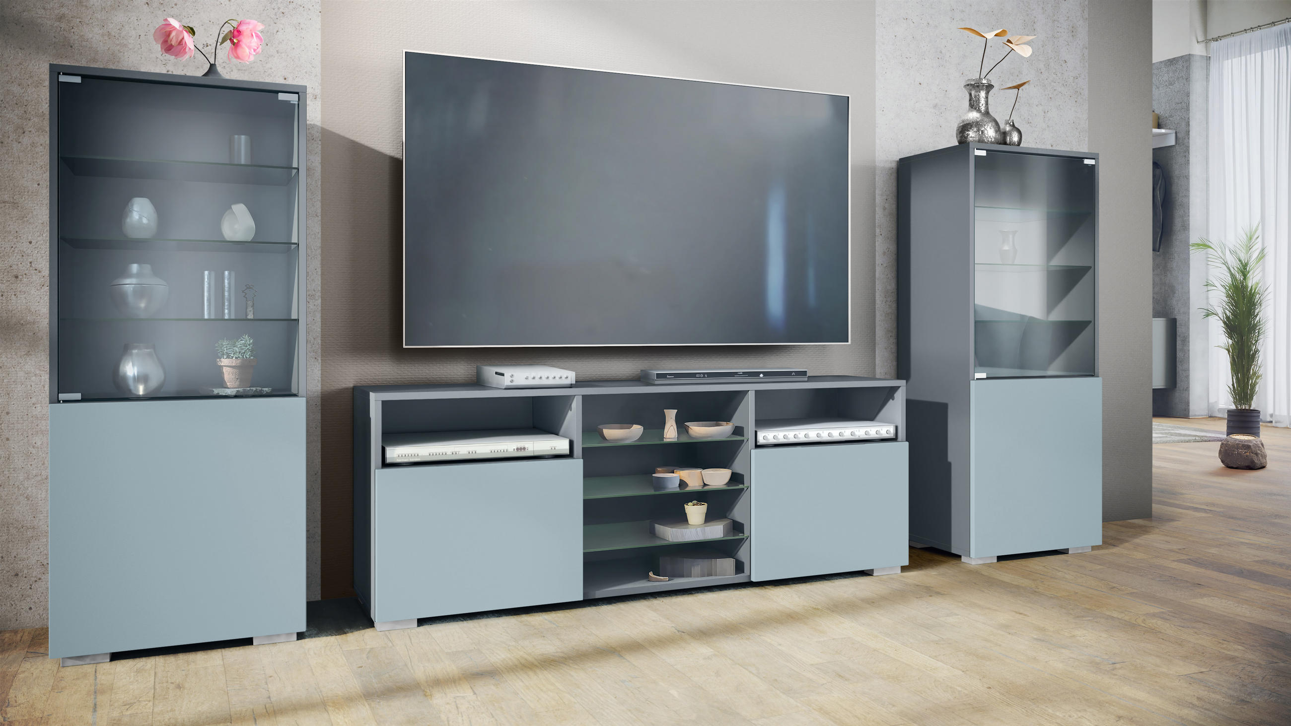 WOHNWAND Granada Denim matt - Pastellblau, Holzwerkstoff (286/122.5/35cm) - Vladon