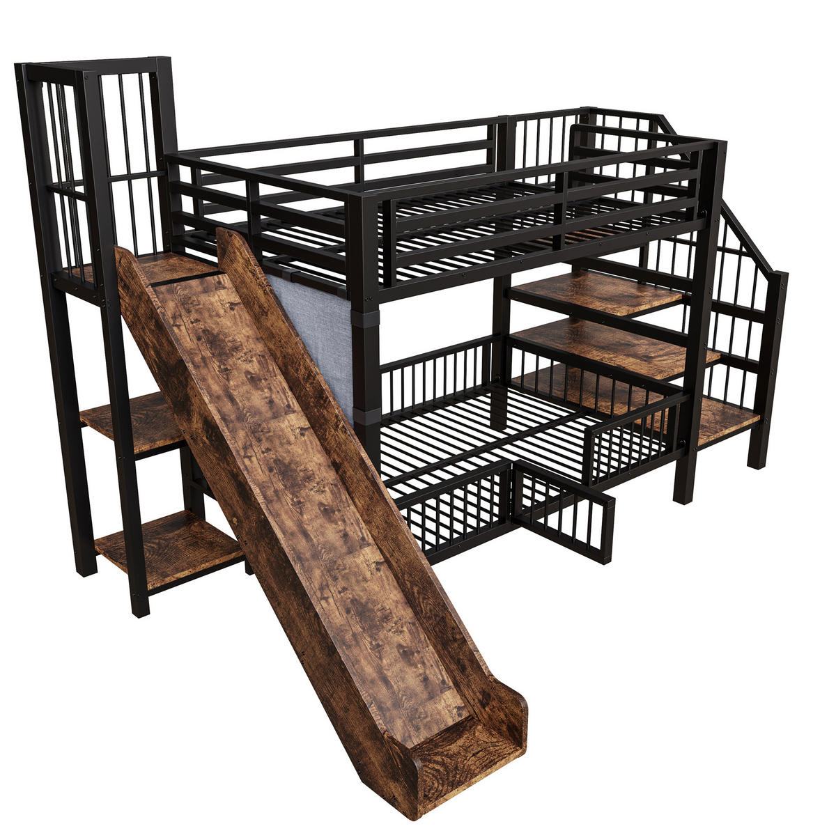 HOCHBETT 90/200 cm mit Rutsche, Stauraumtreppe und Regalen, Schwarz - Schwarz, Holzwerkstoff (90/200cm) - Redom