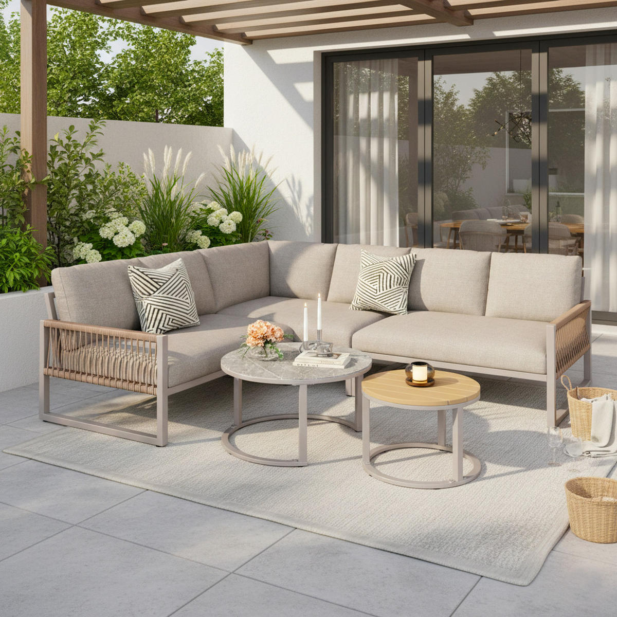LOUNGEGARNITUR 5-tlg Beige Metall & Seil Ecksofa für 6–7 Personen mit 2 Couchtischen - Beige, Metall - Urban Meuble