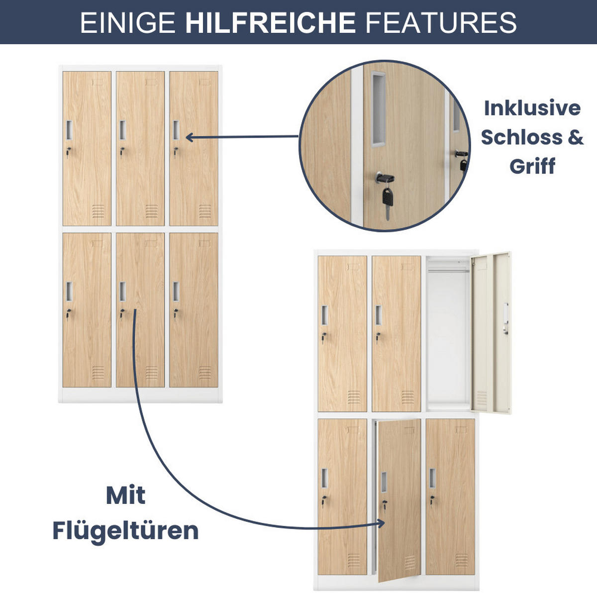 UMKLEIDESCHRANK Spind TOKIO 6 Abteile 185x90x45cm Weiß-Sonoma Eiche - Weiß, Metall (90/185/45cm) - DELUKE
