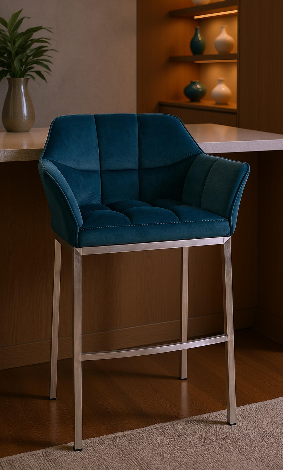 BARHOCKER Damaskus E Samt mit 4-Fuß Gestell grün - Edelstahlfarben/Grün, Textil/Metall (64/110/48cm) - TPFLiving