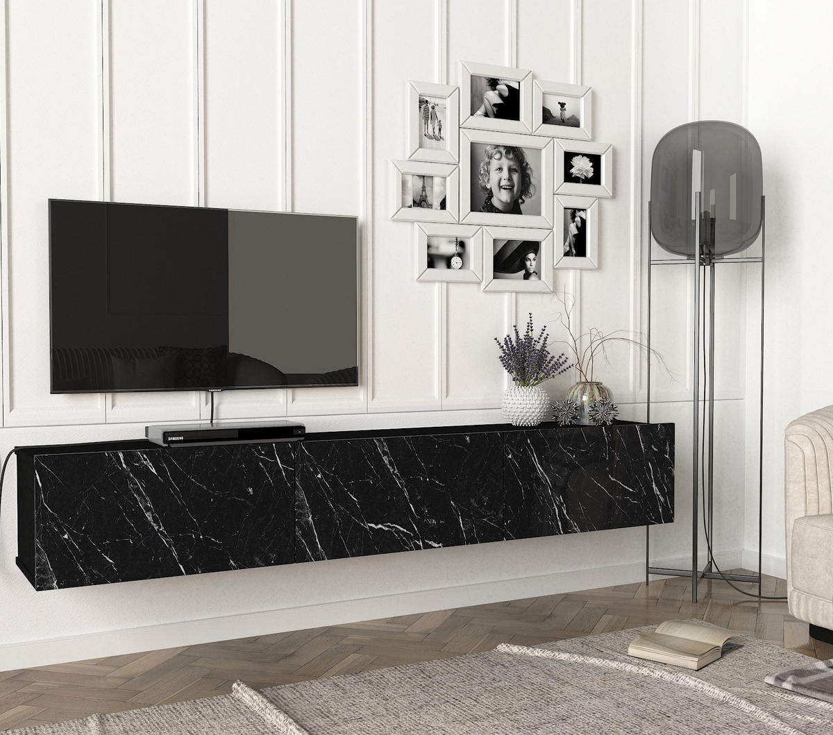 TV-LOWBOARD Hängend Damla Schwarz Marmor Optik - Schwarz, Holzwerkstoff (180/29/29cm) - moebel17