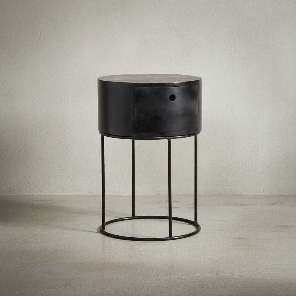NACHTTISCH Mango Massivholz Metall Rund Schublade Stauraum, Schwarz 40x40x60 cm - Schwarz, Holz/Metall (40/60/40cm) - KADIMA DESIGN