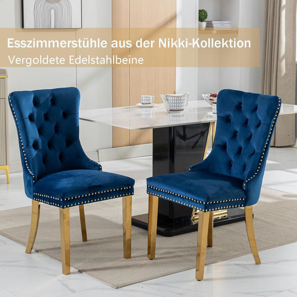 ESSZIMMERSTUHL 2er-Set Samt Blau mit goldenen Edelstahlbeinen - Blau, Textil (50/95.2/62cm)