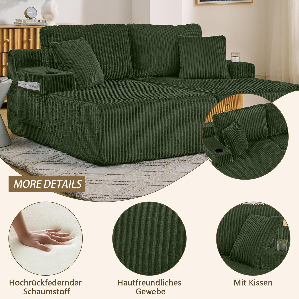 SCHLAFSOFA 186/154/78 cm Grün Cord mit seitlicher Magazintasche und Getränkehalter - Grün, Textil (186/78/154cm) - Oxeza