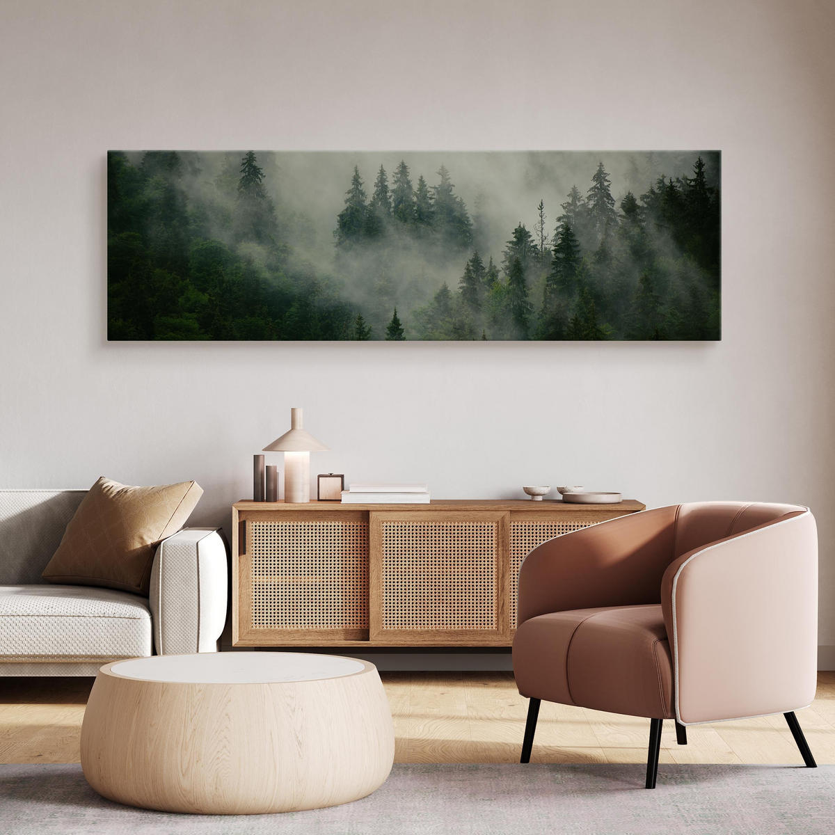 PANORAMABILD Wald im Nebel Bäume Natur 3D 145x45 cm - Grün, Textil (145/45cm) - Muralo