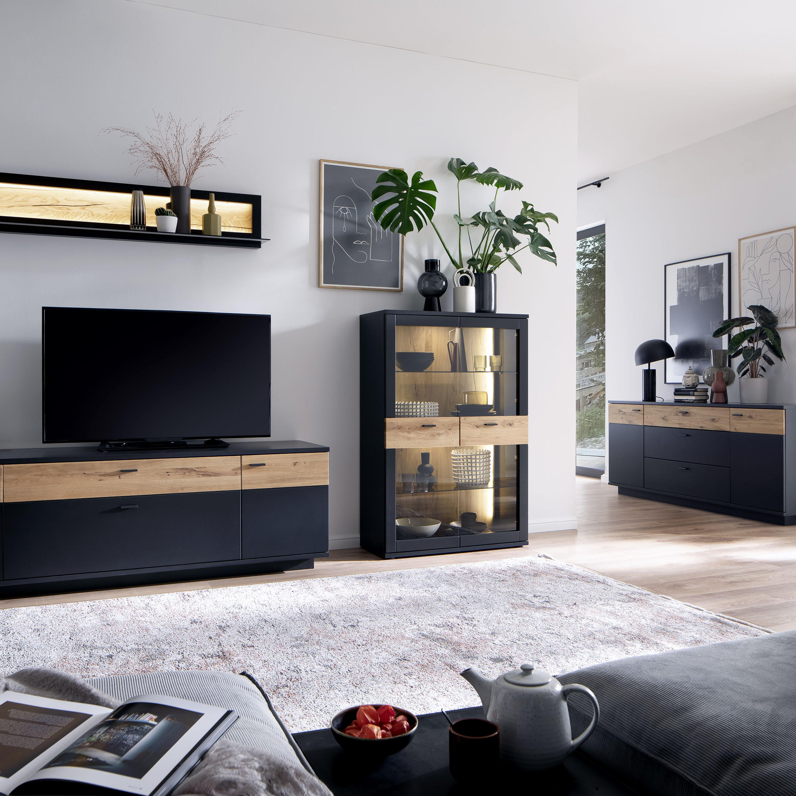 mobilier living negru cu stejar