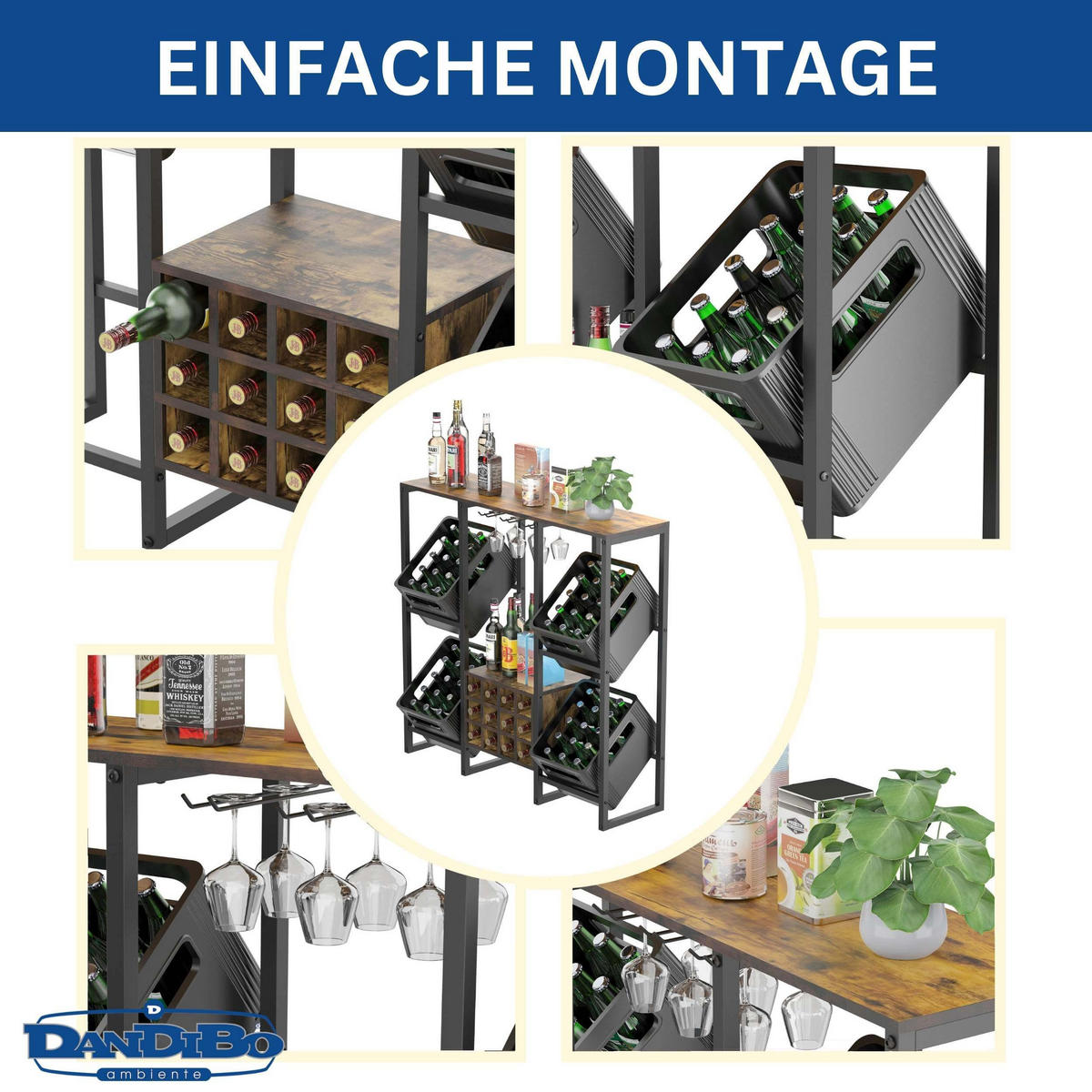 GETRÄNKEKISTENREGAL 4 Kisten mit Ablage Holzablage 96659 - Schwarz, Metall (116/112/32cm) - DanDiBo