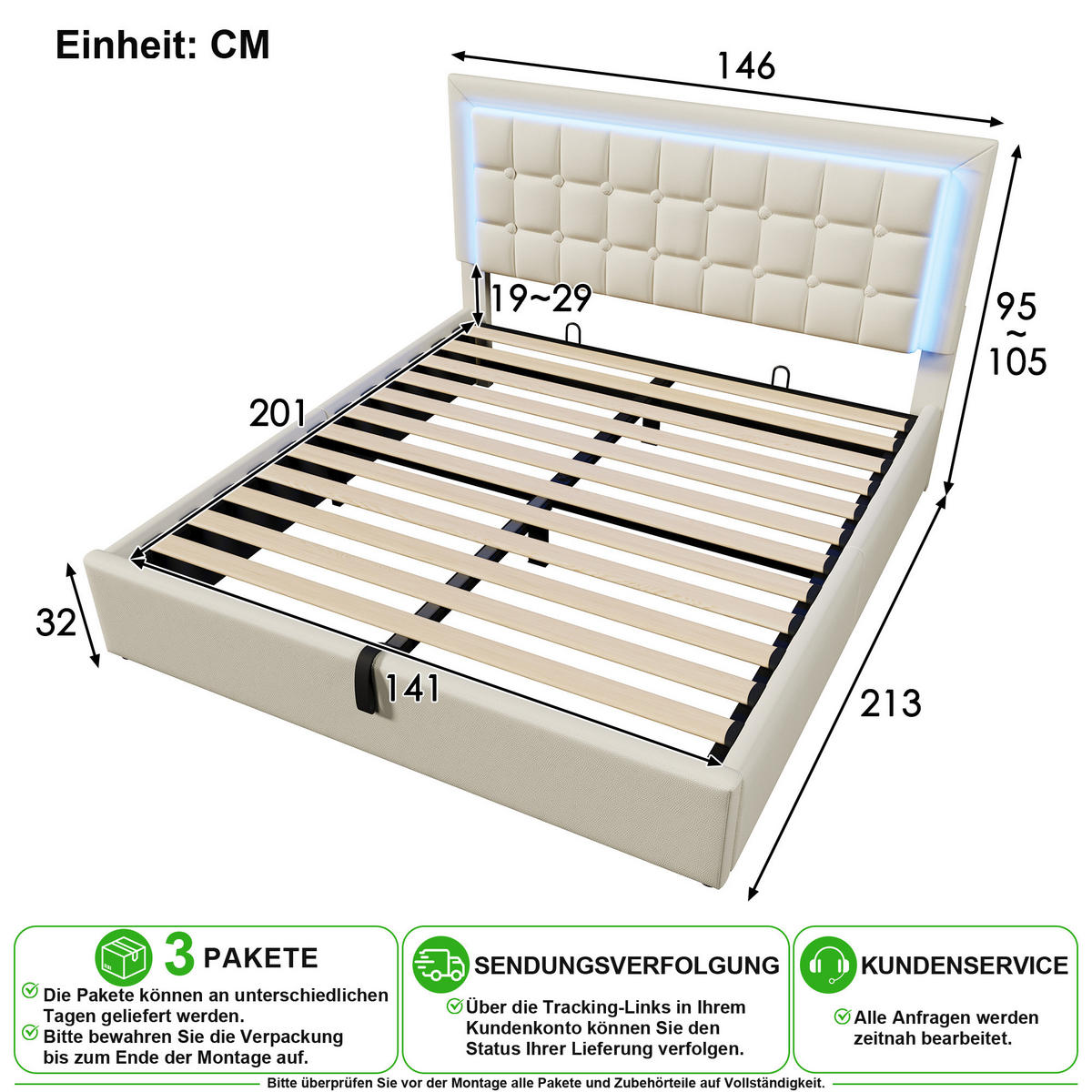 POLSTERBETT 140/200 cm in Weiß mit Bettkasten, LED, Kunstleder und Matratze - Weiß, Holzwerkstoff/Textil (140/200cm) - CHICFURN