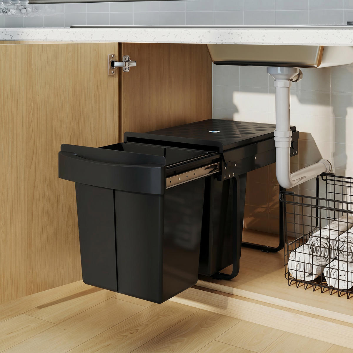 MÜLLEIMER 2x20L Mülltrennsystem Ausziehbar Softclose Schwarz 52/33,5/41 cm - Schwarz, Metall (33.5/41/52cm) - Rolipo