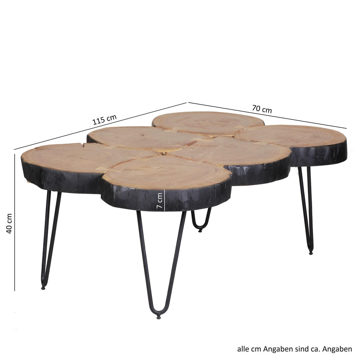 COUCHTISCH Akazienholz, Baumstammform, Große Abstellfläche, Handgefertigt, 115x70x40 cm - Beige/Schwarz, Holz/Metall (70/115/40cm) - KADIMA DESIGN