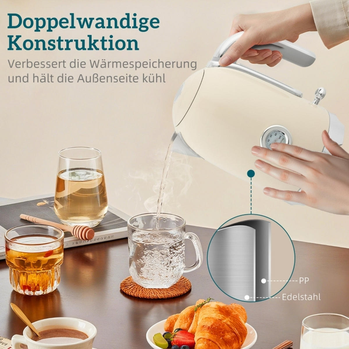 WASSERKOCHER-TOASTER SET 2200W Temperaturanzeige Creme - Weiß, Kunststoff (16/24.4/23.5cm) - Rolipo