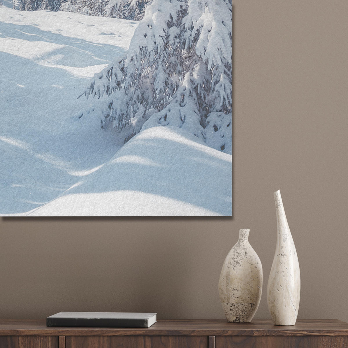 AKUSTIKPANEEL Winterlandschaft - Natur - Berge - Bäume - Schnee 70x100 cm - Hellblau, Textil (70/0.9/100cm) - MuchoWow