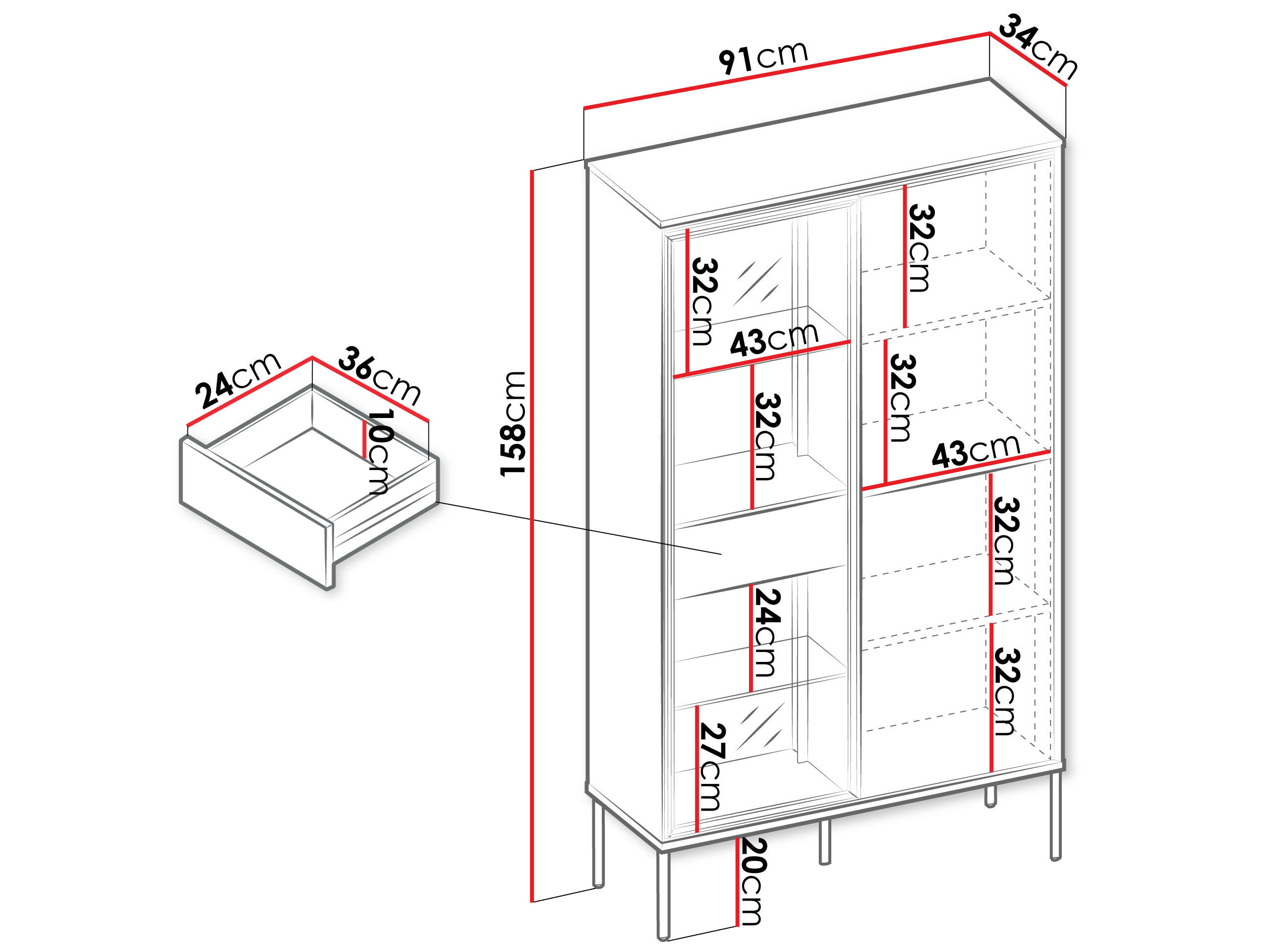Thumbnail - Mirjan24 Vitrine, Eiche, Holzwerkstoff, 1 Schubladen, Rechteckig,Rechteckig, 91x158x34 cm, Wohnzimmer, Wohnwände, Vitrin...